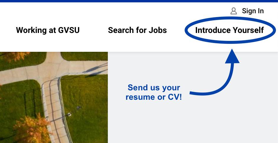 Arrow pointing to the "Introduce Yourself" button on the GVSU Careers website